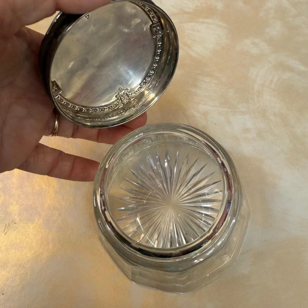Antique Edwardian Cut Crystal‎ Powder Jar | Sterling Silver Lid Vanity Decor